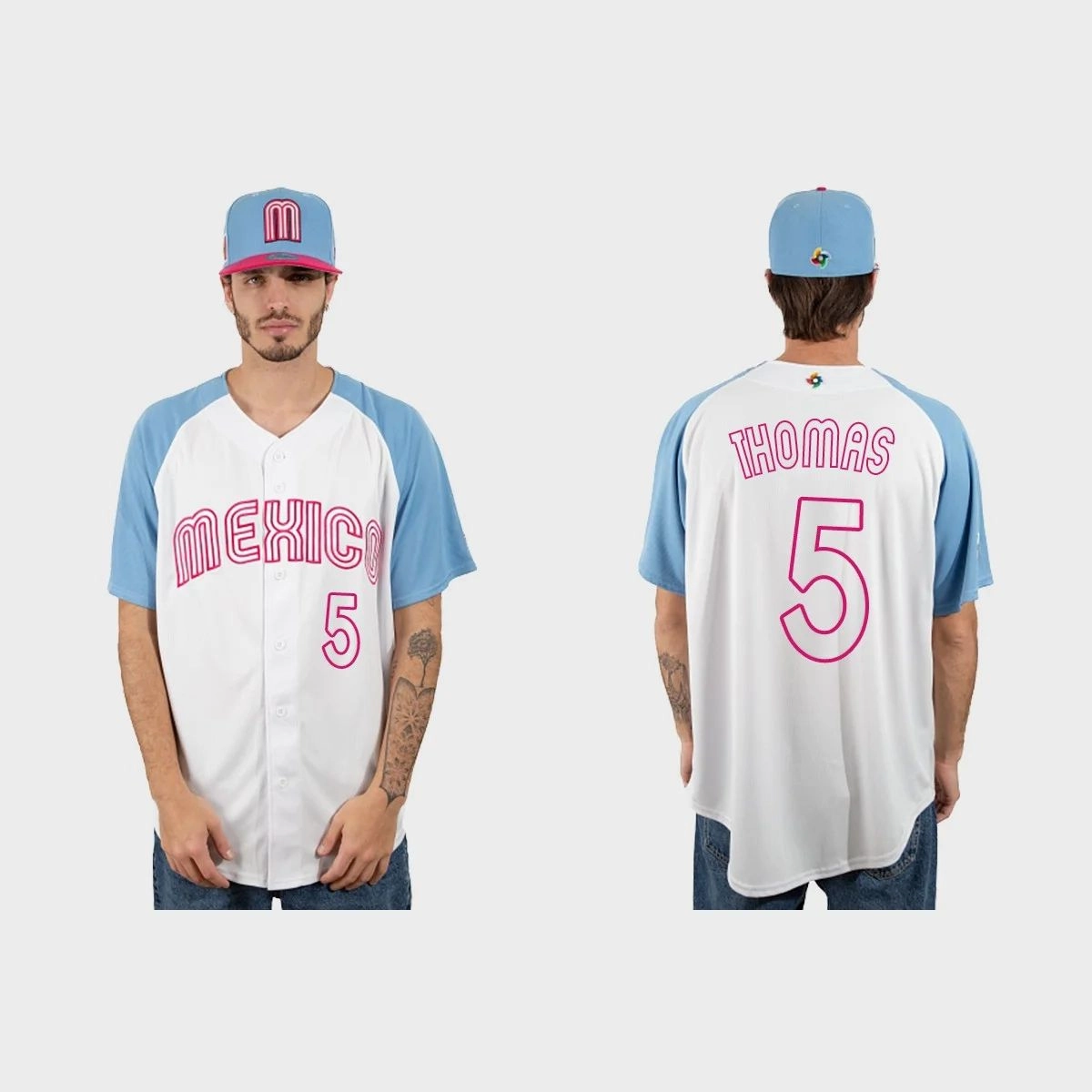 #5 ALEK THOMAS MEXICO BASEBALL 2023 WORLD BASEBALL CLASSIC JERSEY ???C WHITE BLUE Stitches Baseball Jerseys