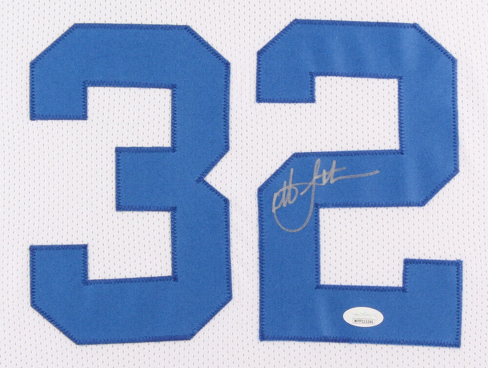 Christian Laettner Signed Duke Blue Devils 35x43 Framed Career Stat Jersey (JSA)
