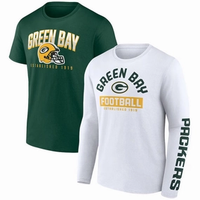 Green Bay Packers NFL UK Large Fanatics Branded Long and Short Sleeve Two-Pack T-Shirt - Green/White