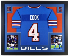 James Cook Signed 35x43 Framed Buffalo Bills Jersey (Beckett)2nd Year Uniform #4