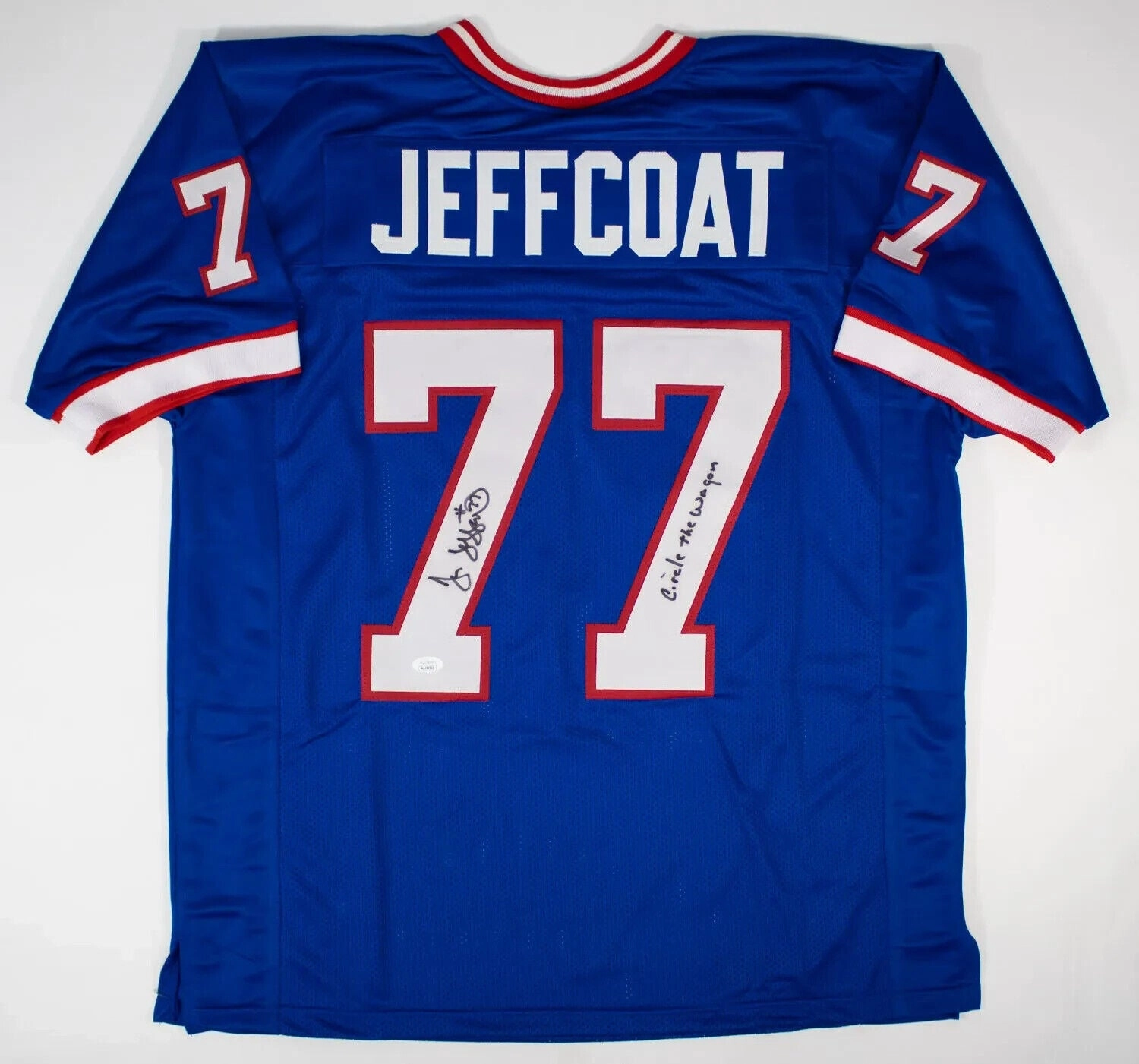 Jim Jeffcoat ??Circle The Wagon?? Signed Buffalo Bills Jersey (JSA COA)