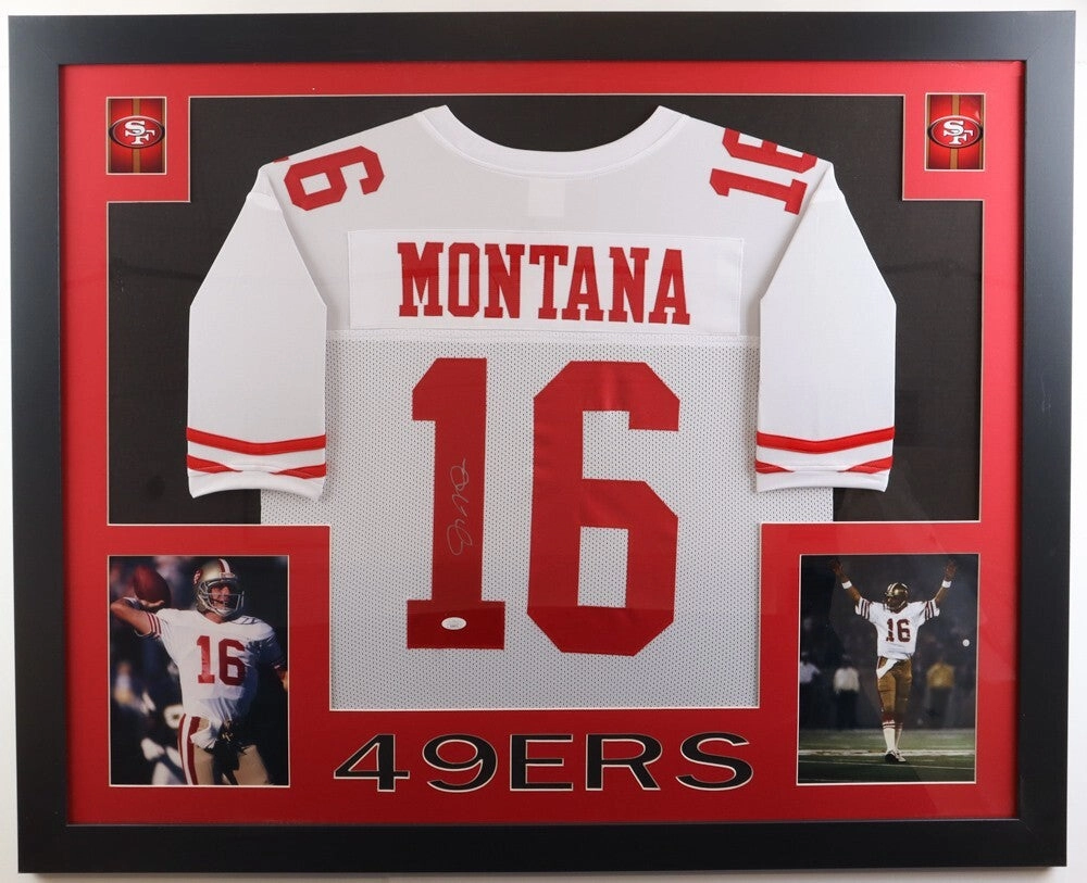 Joe Montana Signed San Francisco 49ers 35x43 Framed Jersey /JSA/ 8xPro Bowl QB