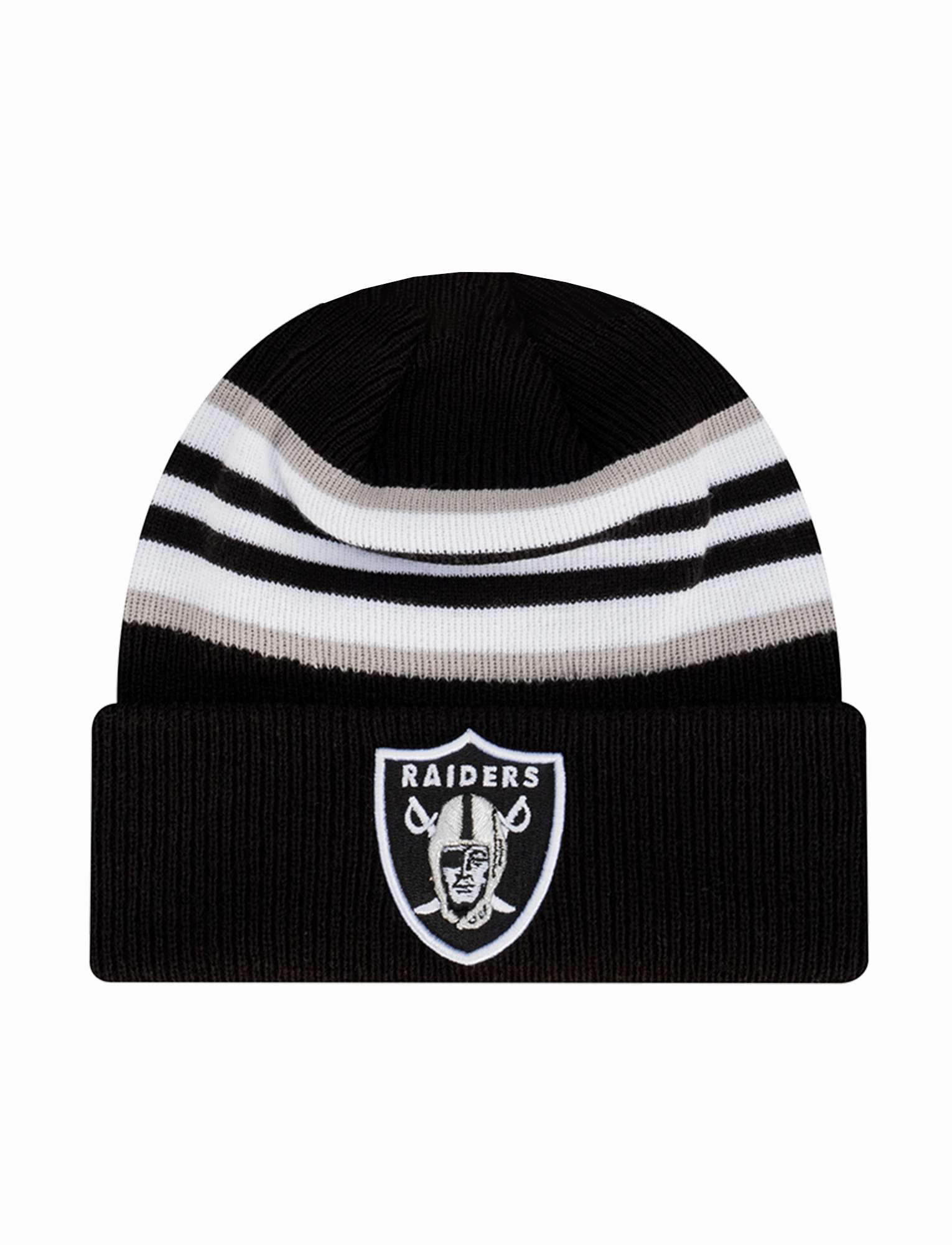 Las Vegas Raiders New Era NFL Stripe Hit Pomless Knit Beanie - Black