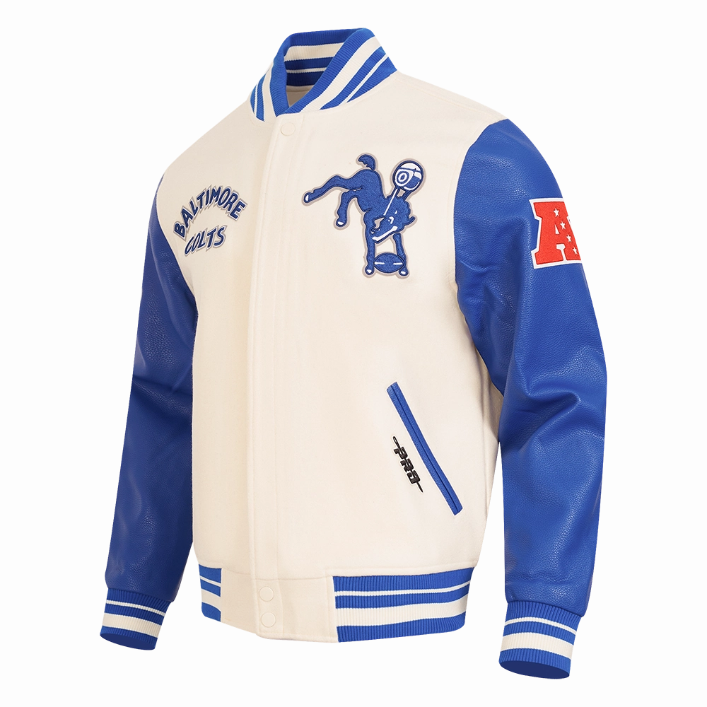 NFL BALTIMORE COLTS RETRO CLASSIC MEN'S RIB WOOL VARSITY JACKET (EGGSHELL/ ROYAL BLUE)