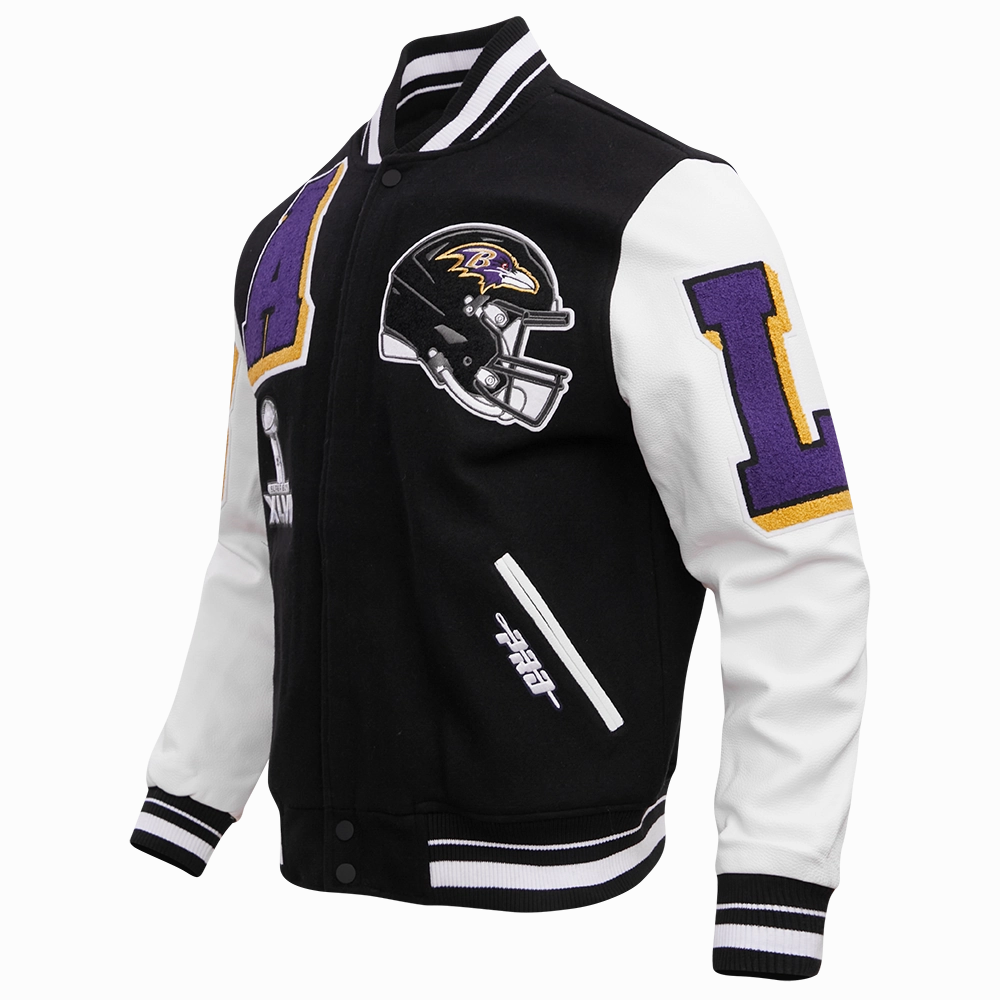 NFL BALTIMORE RAVENS MASHUP MEN'S RIB WOOL VARSITY JACKET (BLACK/WHITE)