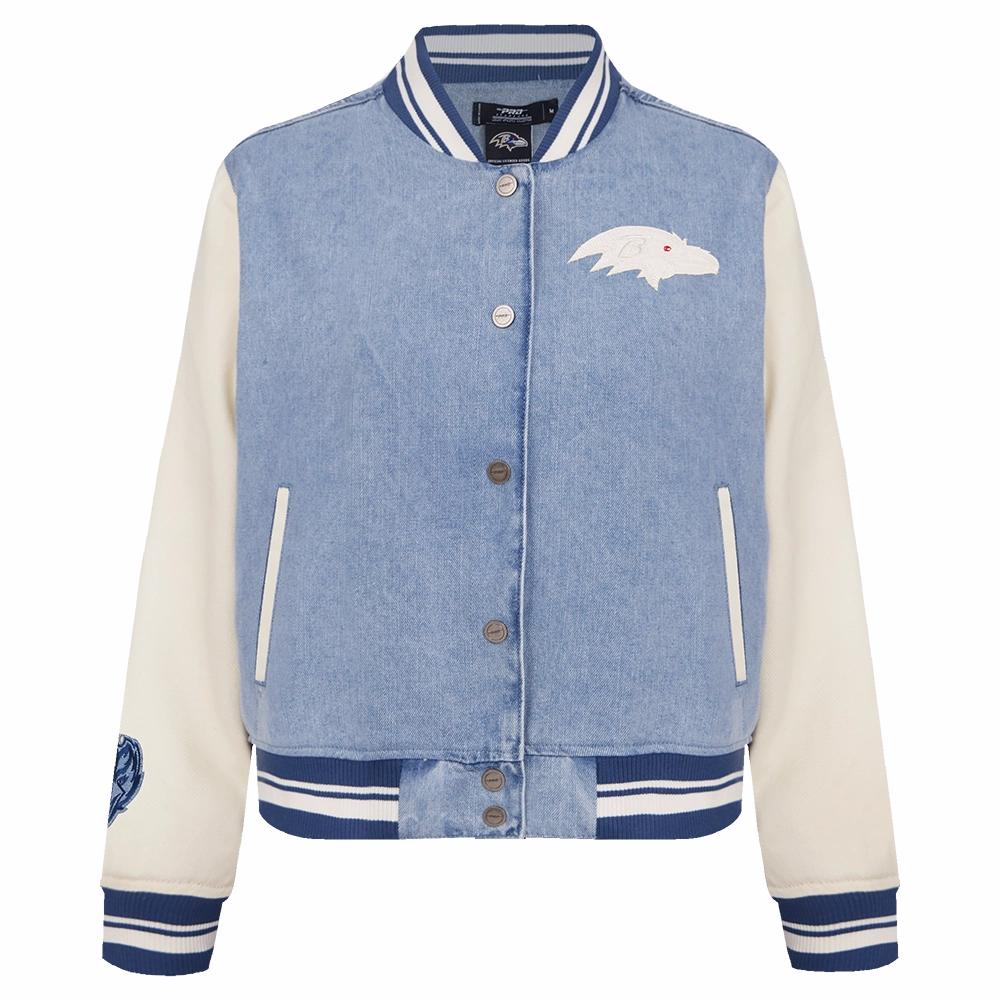 NFL BALTIMORE RAVENS VARSITY BLUES WOMEN'S DENIM VARSITY JACKET (DENIM/LINEN)