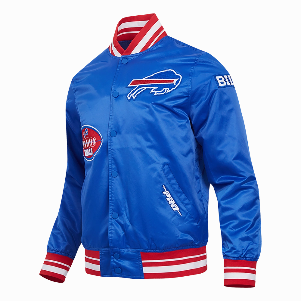 NFL BUFFALO BILLS OLD ENGLISH MEN'S RIB SATIN JACKET (ROYAL BLUE/RED)