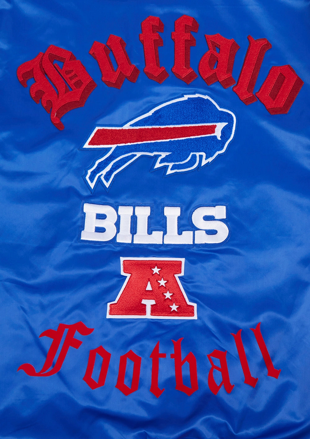 NFL BUFFALO BILLS OLD ENGLISH MEN'S RIB SATIN JACKET (ROYAL BLUE/RED)