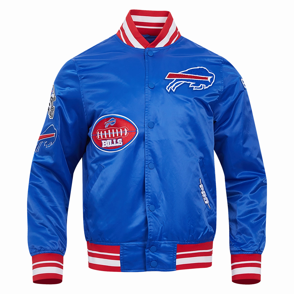 NFL BUFFALO BILLS OLD ENGLISH MEN'S RIB SATIN JACKET (ROYAL BLUE/RED)