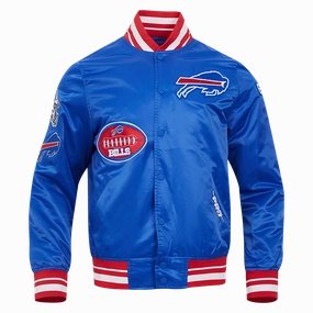 NFL BUFFALO BILLS OLD ENGLISH MEN'S RIB SATIN JACKET (ROYAL BLUE/RED)