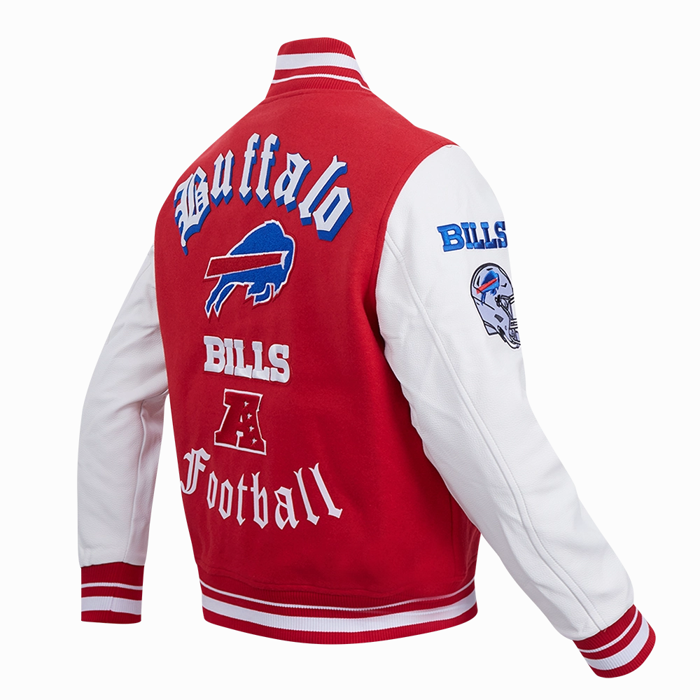 NFL BUFFALO BILLS OLD ENGLISH MEN'S RIB WOOL VARSITY JACKET (RED/WHITE)