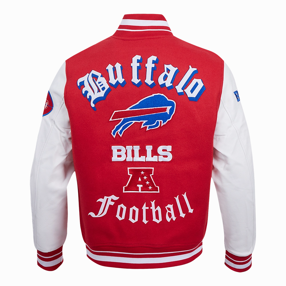 NFL BUFFALO BILLS OLD ENGLISH MEN'S RIB WOOL VARSITY JACKET (RED/WHITE)