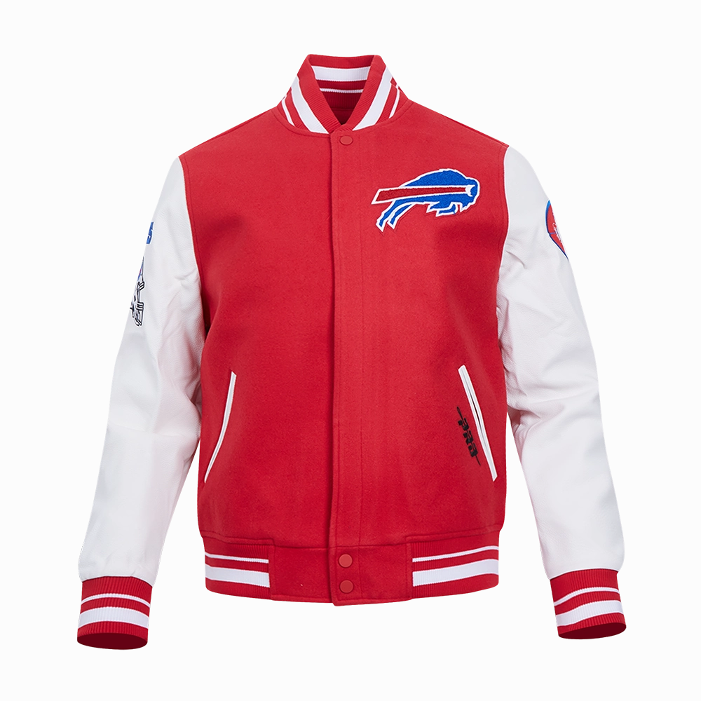 NFL BUFFALO BILLS OLD ENGLISH MEN'S RIB WOOL VARSITY JACKET (RED/WHITE)