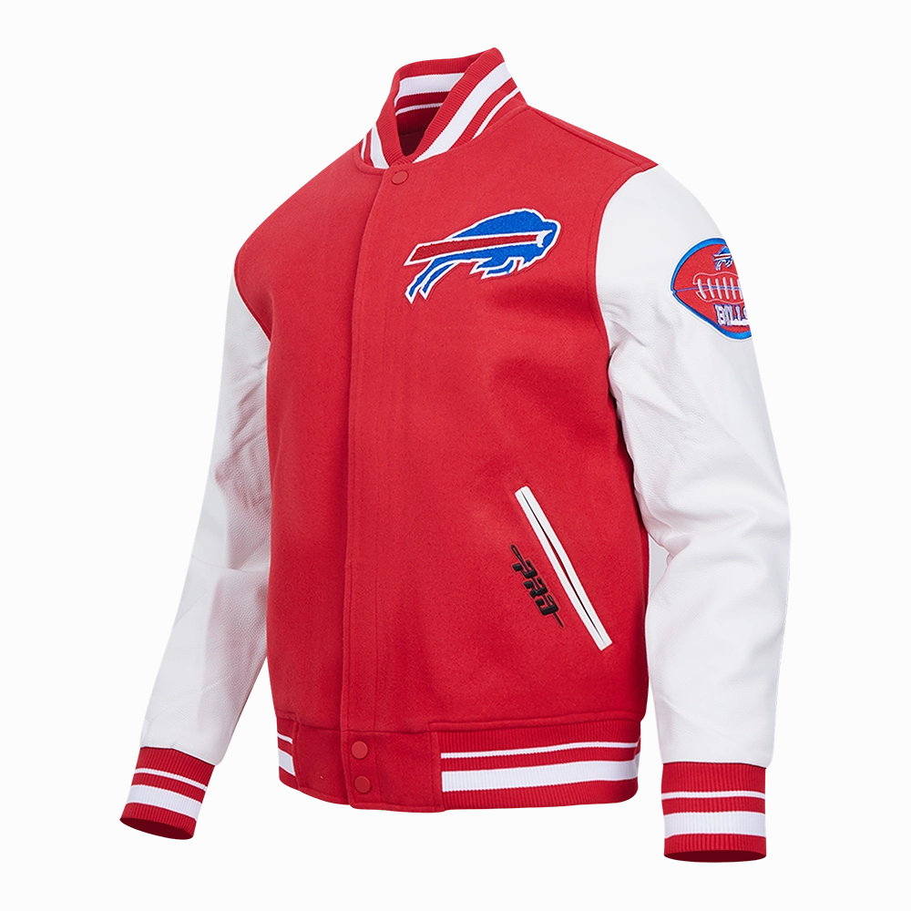 NFL BUFFALO BILLS OLD ENGLISH MEN'S RIB WOOL VARSITY JACKET (RED/WHITE)