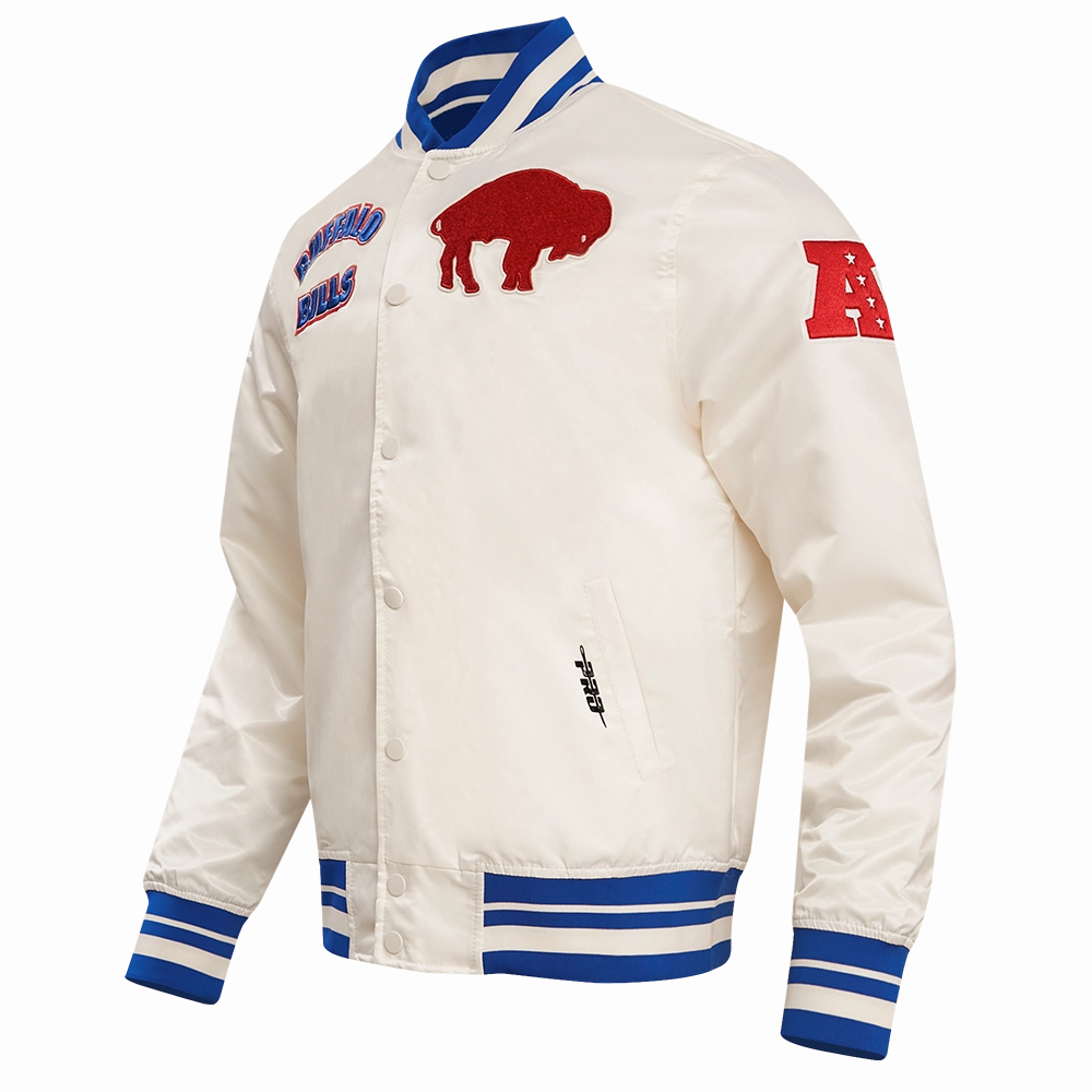 NFL BUFFALO BILLS RETRO CLASSIC MEN'S RIB SATIN JACKET (EGGSHELL/ ROYAL BLUE)