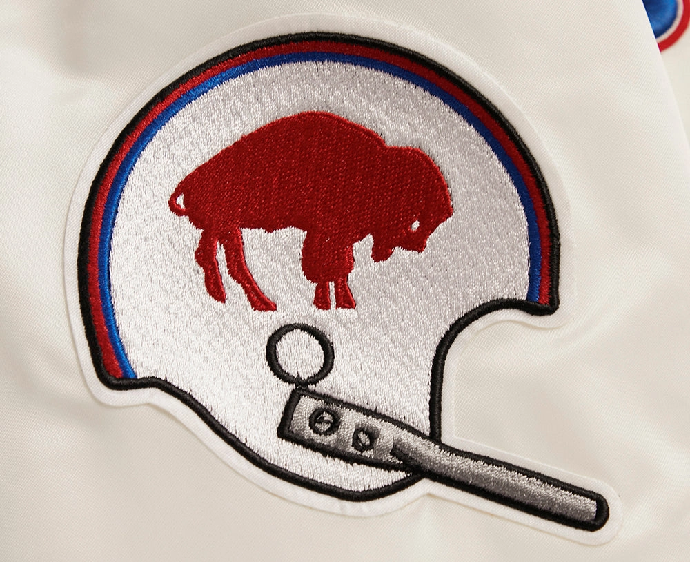 NFL BUFFALO BILLS RETRO CLASSIC MEN'S RIB SATIN JACKET (EGGSHELL/ ROYAL BLUE)