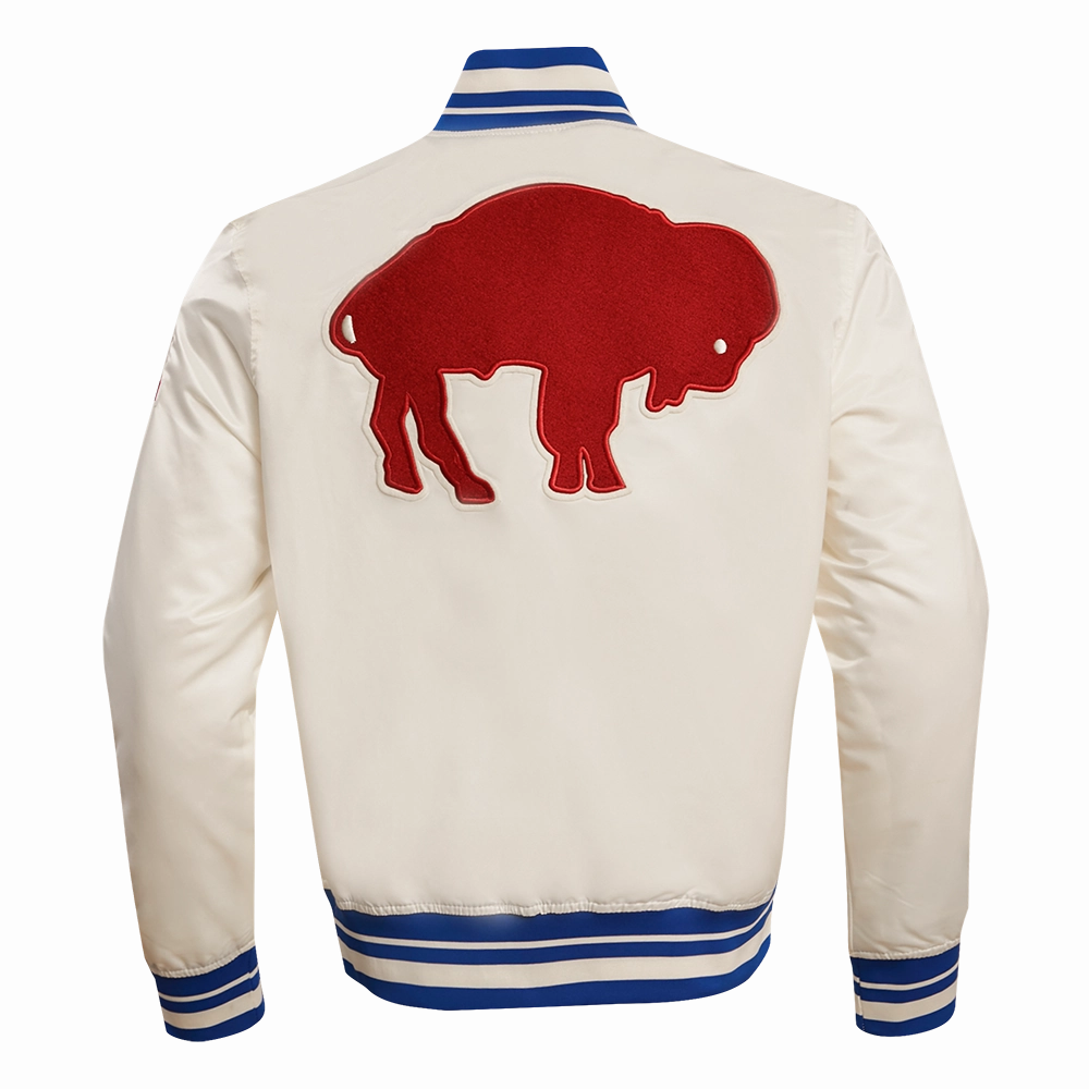 NFL BUFFALO BILLS RETRO CLASSIC MEN'S RIB SATIN JACKET (EGGSHELL/ ROYAL BLUE)