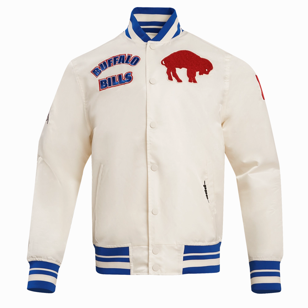 NFL BUFFALO BILLS RETRO CLASSIC MEN'S RIB SATIN JACKET (EGGSHELL/ ROYAL BLUE)