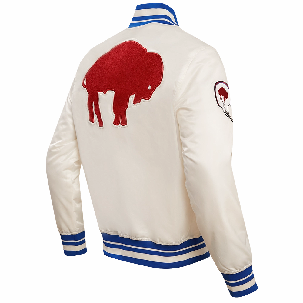 NFL BUFFALO BILLS RETRO CLASSIC MEN'S RIB SATIN JACKET (EGGSHELL/ ROYAL BLUE)