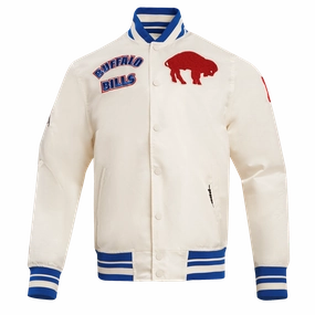 NFL BUFFALO BILLS RETRO CLASSIC MEN'S RIB SATIN JACKET (EGGSHELL/ ROYAL BLUE)
