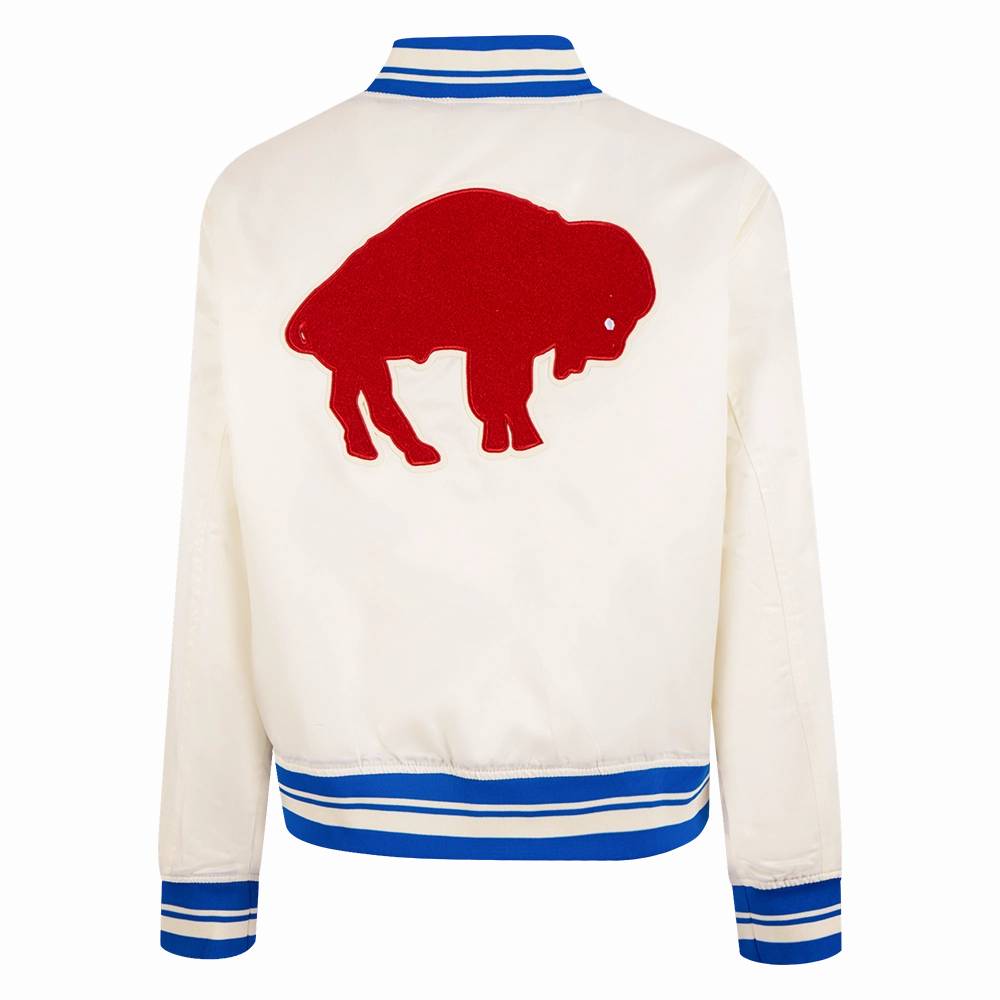 NFL BUFFALO BILLS RETRO CLASSIC WOMEN'S RIB SATIN JACKET (EGGSHELL/ ROYAL BLUE)