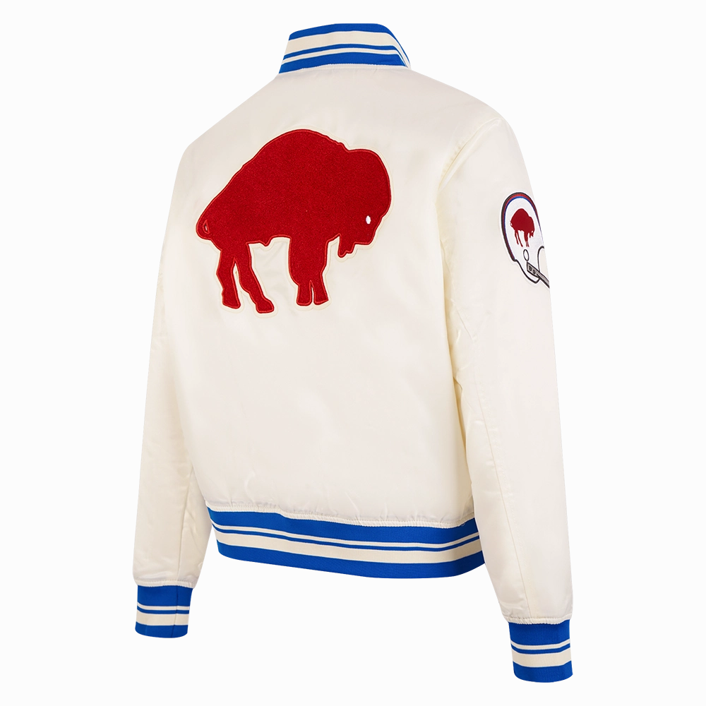 NFL BUFFALO BILLS RETRO CLASSIC WOMEN'S RIB SATIN JACKET (EGGSHELL/ ROYAL BLUE)