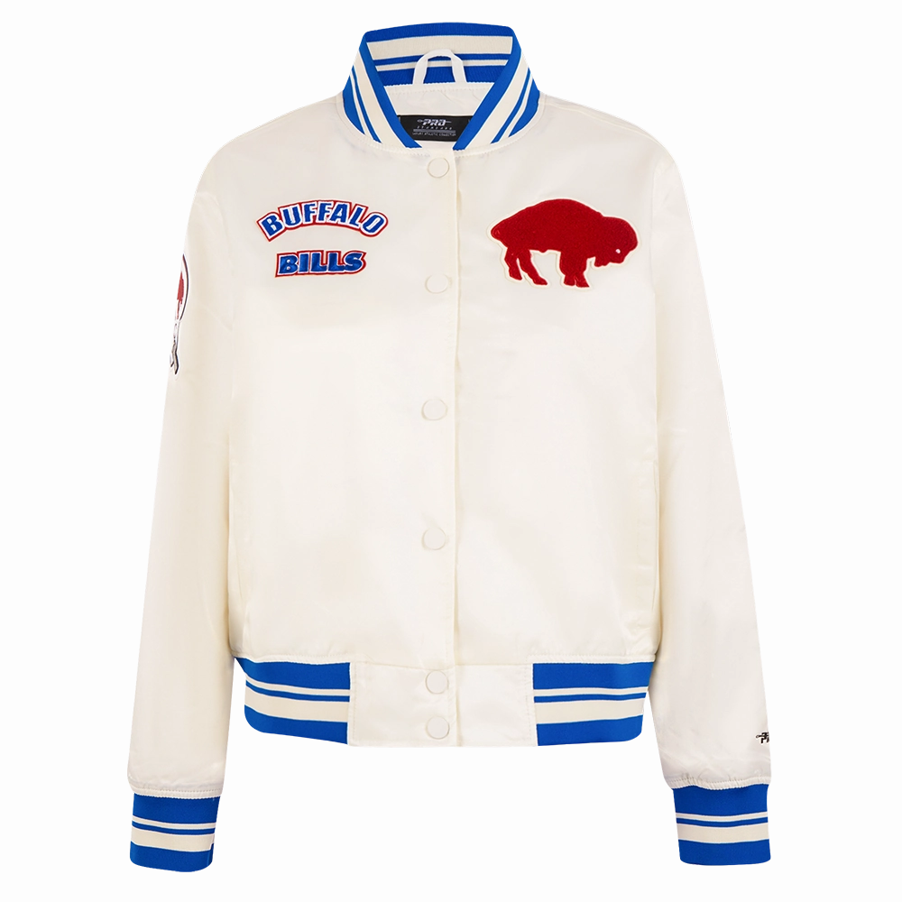 NFL BUFFALO BILLS RETRO CLASSIC WOMEN'S RIB SATIN JACKET (EGGSHELL/ ROYAL BLUE)