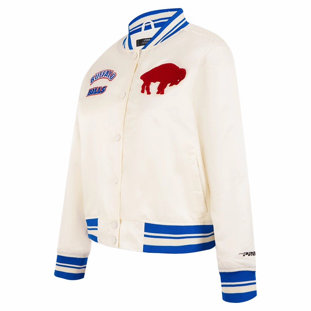 NFL BUFFALO BILLS RETRO CLASSIC WOMEN'S RIB SATIN JACKET (EGGSHELL/ ROYAL BLUE)