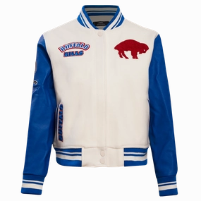 NFL BUFFALO BILLS RETRO CLASSIC WOMEN'S RIB WOOL VARSITY JACKET (EGGSHELL/ ROYAL BLUE)