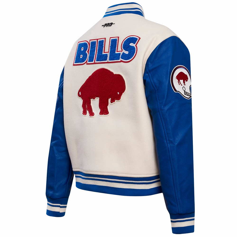 NFL BUFFALO BILLS RETRO CLASSIC WOMEN'S RIB WOOL VARSITY JACKET (EGGSHELL/ ROYAL BLUE)