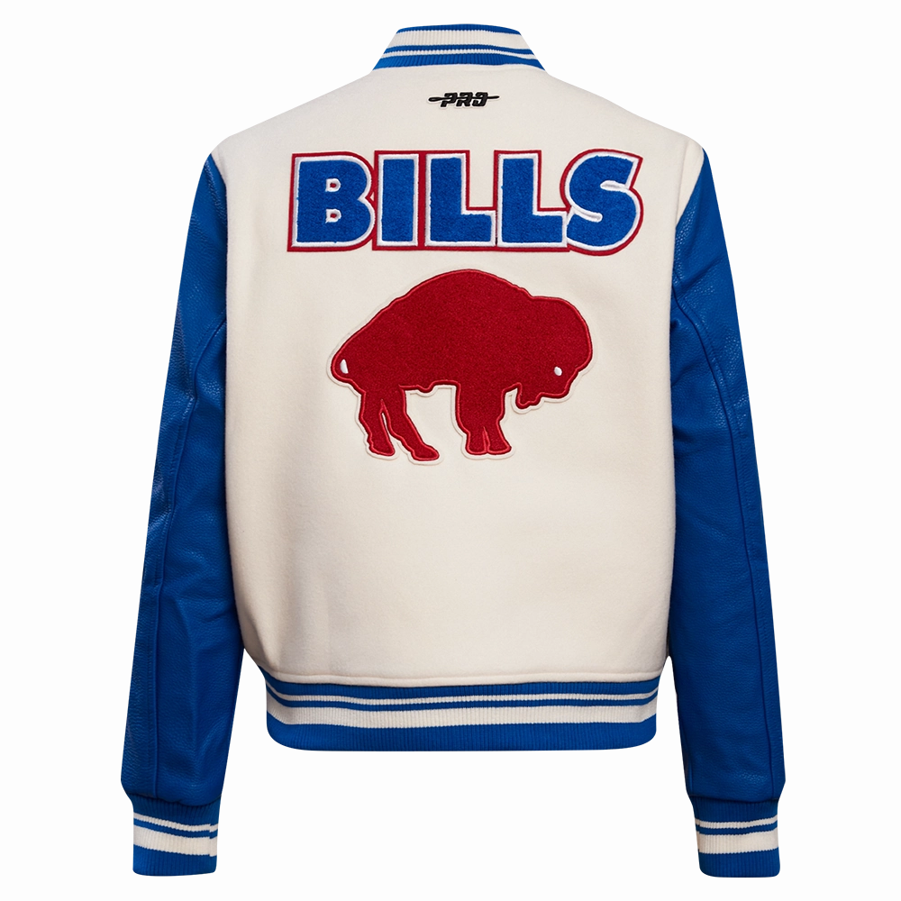 NFL BUFFALO BILLS RETRO CLASSIC WOMEN'S RIB WOOL VARSITY JACKET (EGGSHELL/ ROYAL BLUE)