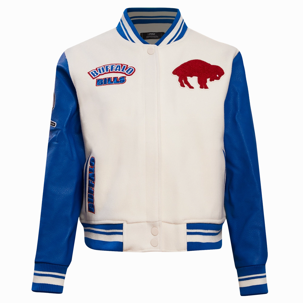 NFL BUFFALO BILLS RETRO CLASSIC WOMEN'S RIB WOOL VARSITY JACKET (EGGSHELL/ ROYAL BLUE)