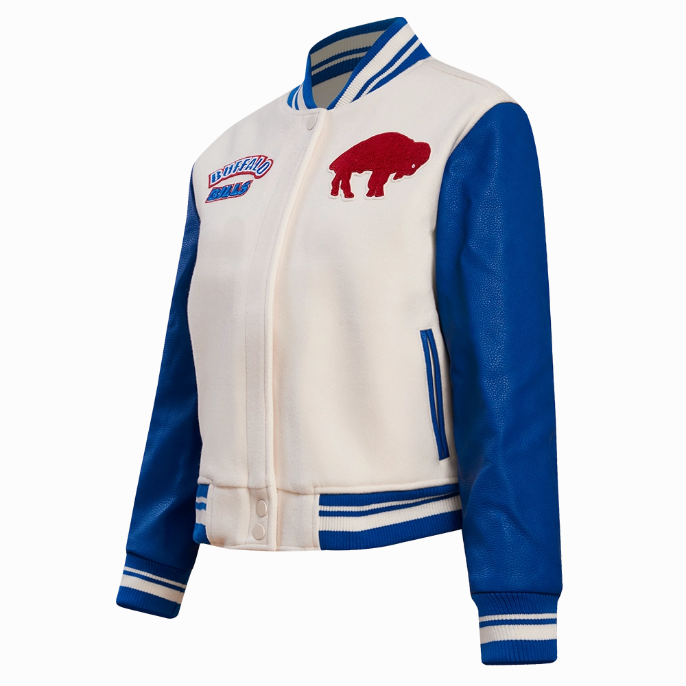 NFL BUFFALO BILLS RETRO CLASSIC WOMEN'S RIB WOOL VARSITY JACKET (EGGSHELL/ ROYAL BLUE)