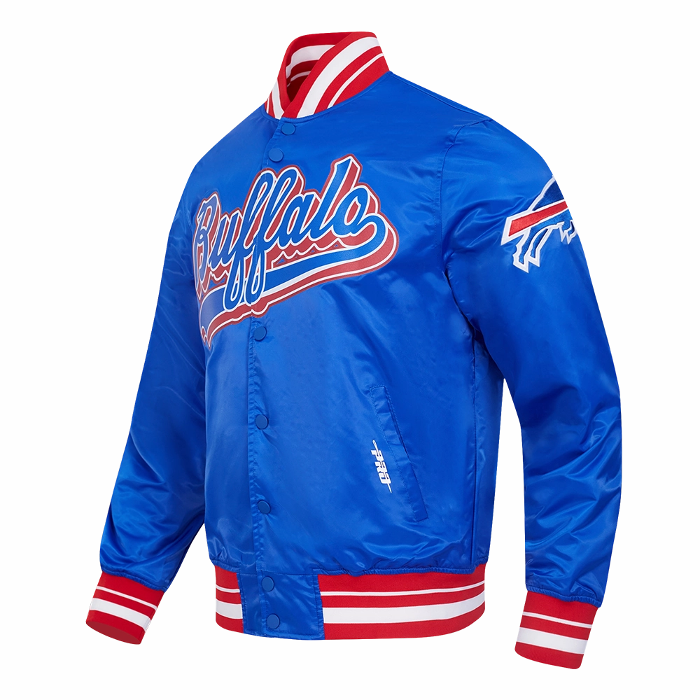 NFL BUFFALO BILLS SCRIPT TAIL MEN'S SATIN JACKET (ROYAL BLUE/RED)
