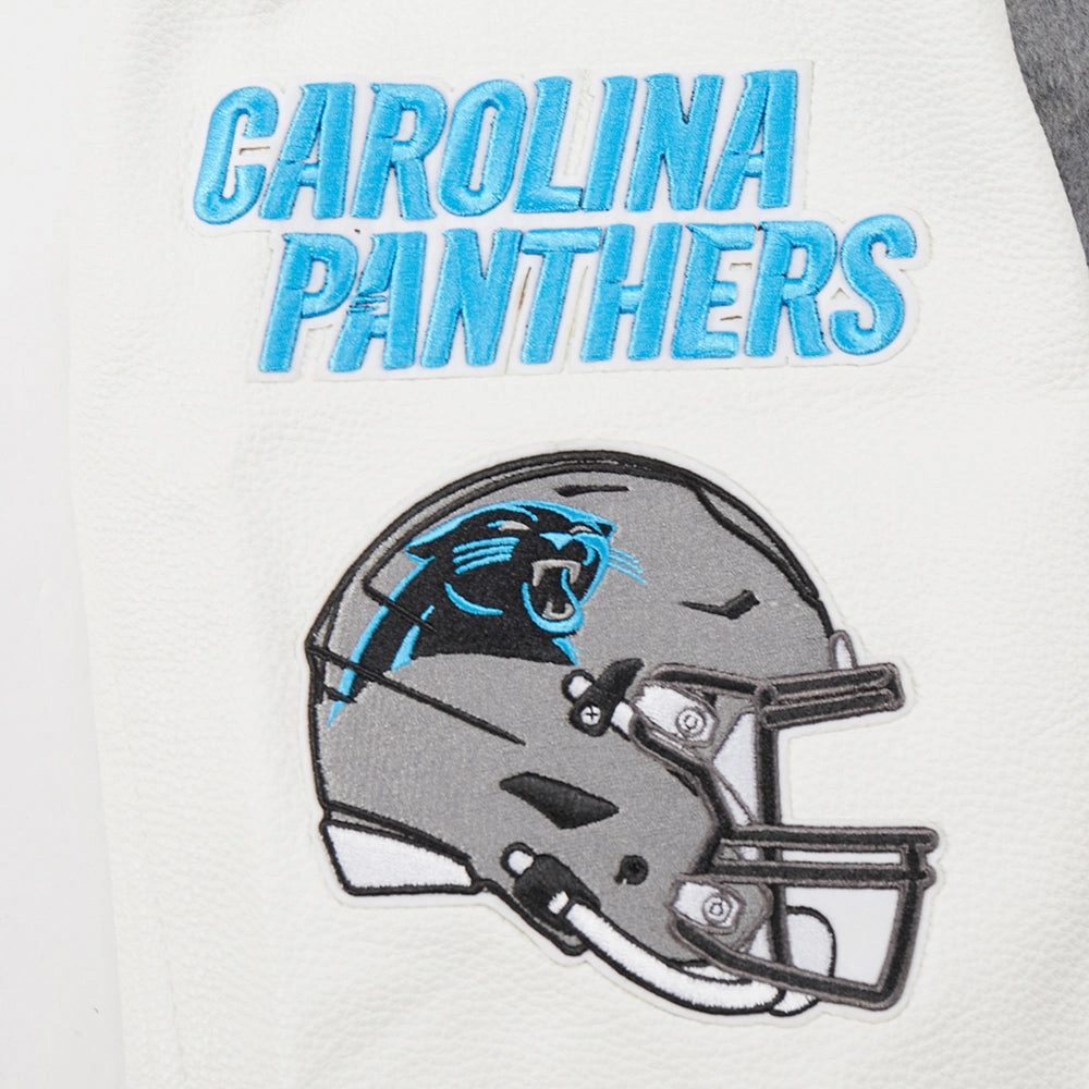 NFL CAROLINA PANTHERS OLD ENGLISH MEN'S RIB WOOL VARSITY JACKET (HEATHER GREY/WHITE/BLACK)