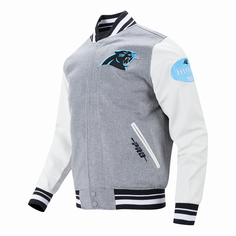 NFL CAROLINA PANTHERS OLD ENGLISH MEN'S RIB WOOL VARSITY JACKET (HEATHER GREY/WHITE/BLACK)