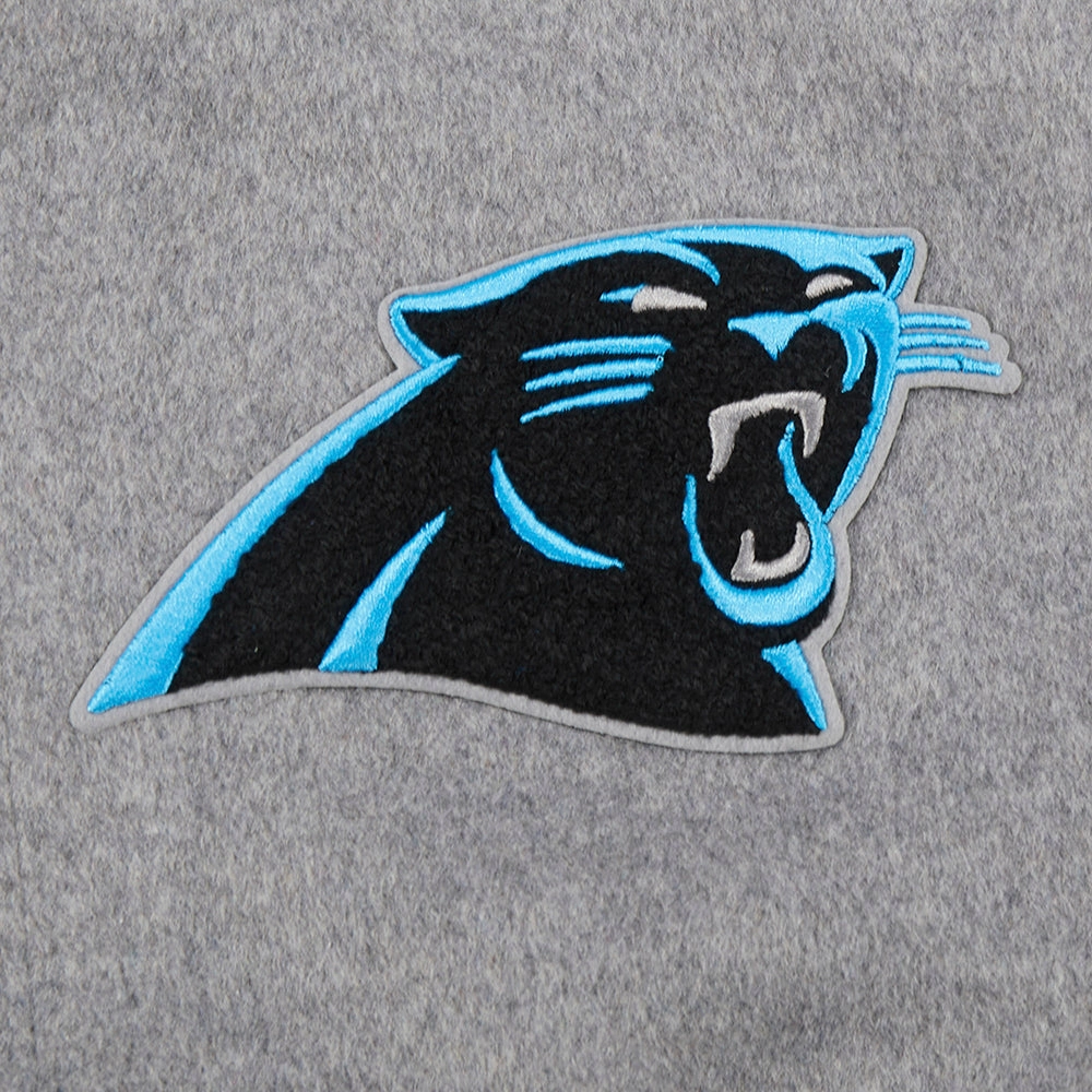 NFL CAROLINA PANTHERS OLD ENGLISH MEN'S RIB WOOL VARSITY JACKET (HEATHER GREY/WHITE/BLACK)
