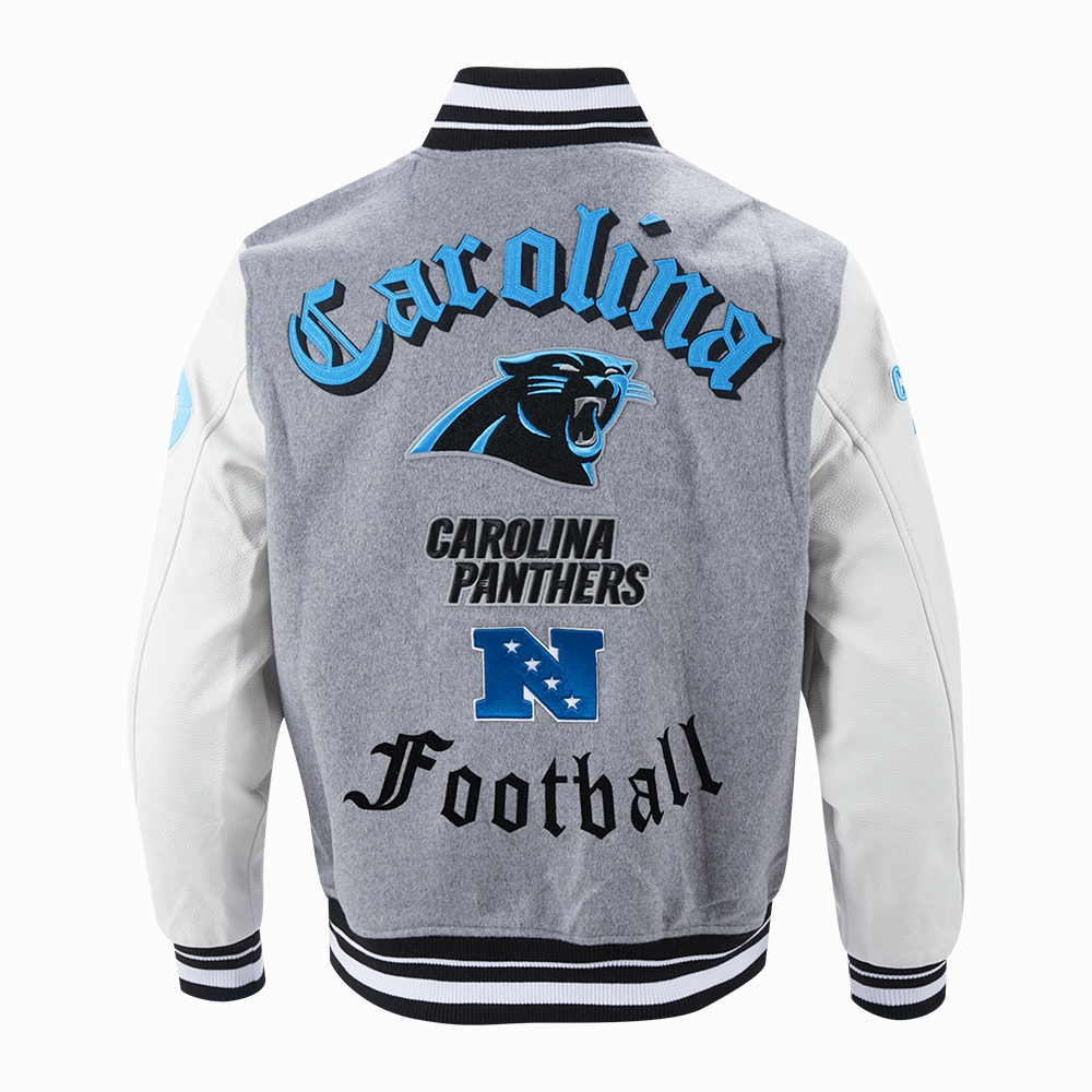 NFL CAROLINA PANTHERS OLD ENGLISH MEN'S RIB WOOL VARSITY JACKET (HEATHER GREY/WHITE/BLACK)