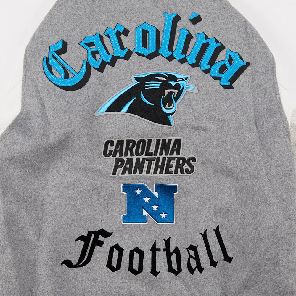 NFL CAROLINA PANTHERS OLD ENGLISH MEN'S RIB WOOL VARSITY JACKET (HEATHER GREY/WHITE/BLACK)