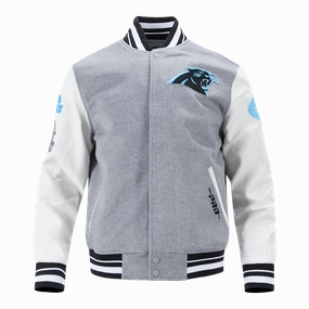 NFL CAROLINA PANTHERS OLD ENGLISH MEN'S RIB WOOL VARSITY JACKET (HEATHER GREY/WHITE/BLACK)