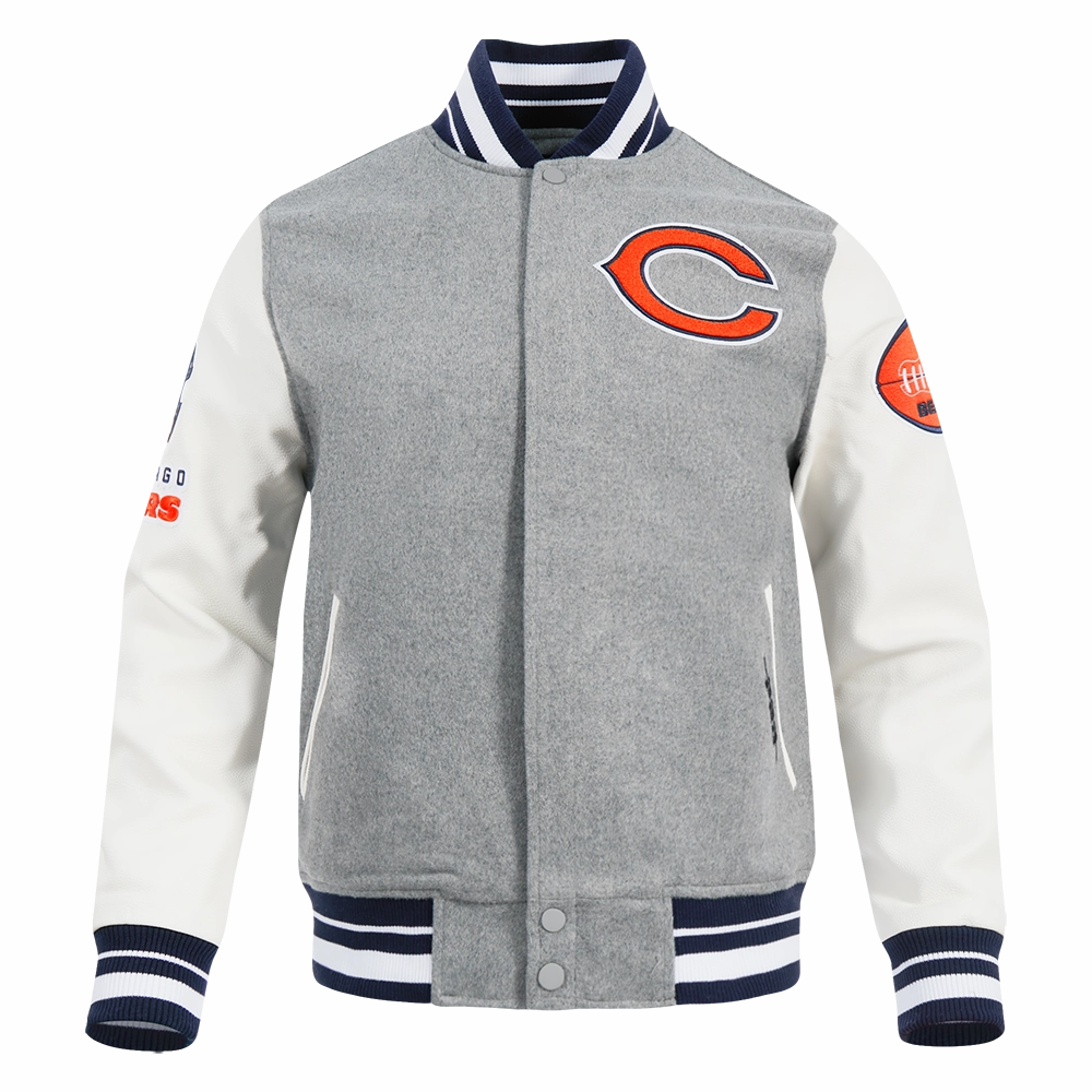 NFL CHICAGO BEARS OLD ENGLISH MEN'S RIB WOOL VARSITY JACKET (HEATHER GREY/WHITE/MIDNIGHT NAVY)