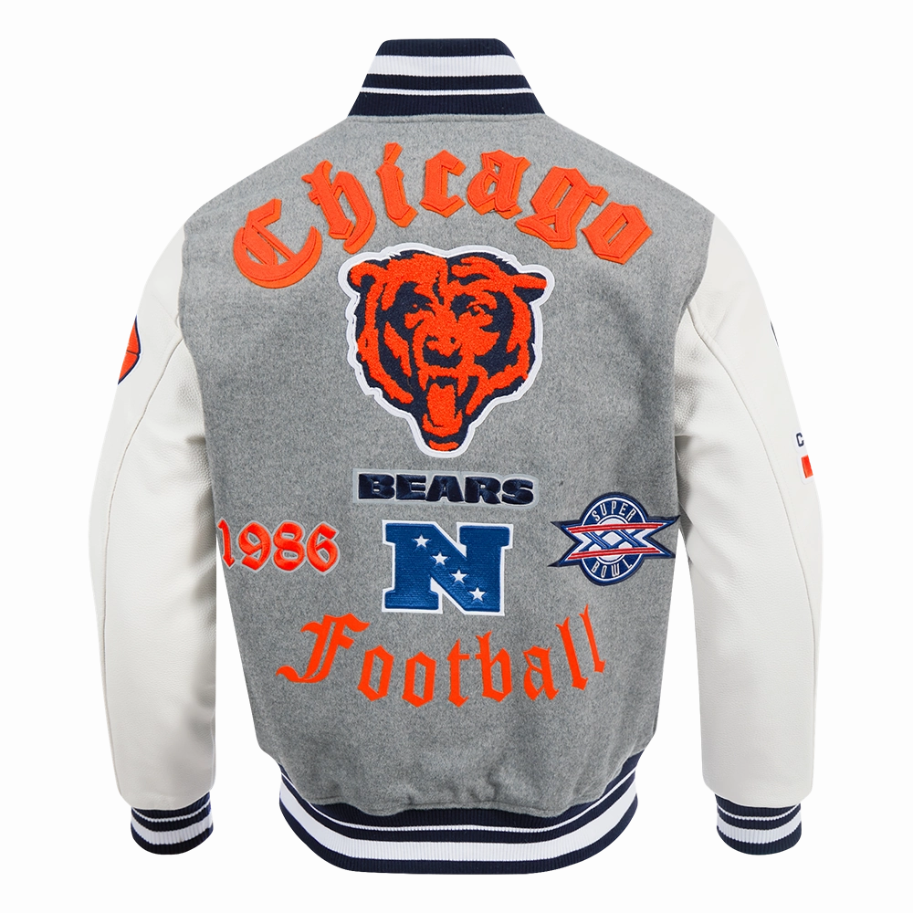NFL CHICAGO BEARS OLD ENGLISH MEN'S RIB WOOL VARSITY JACKET (HEATHER GREY/WHITE/MIDNIGHT NAVY)