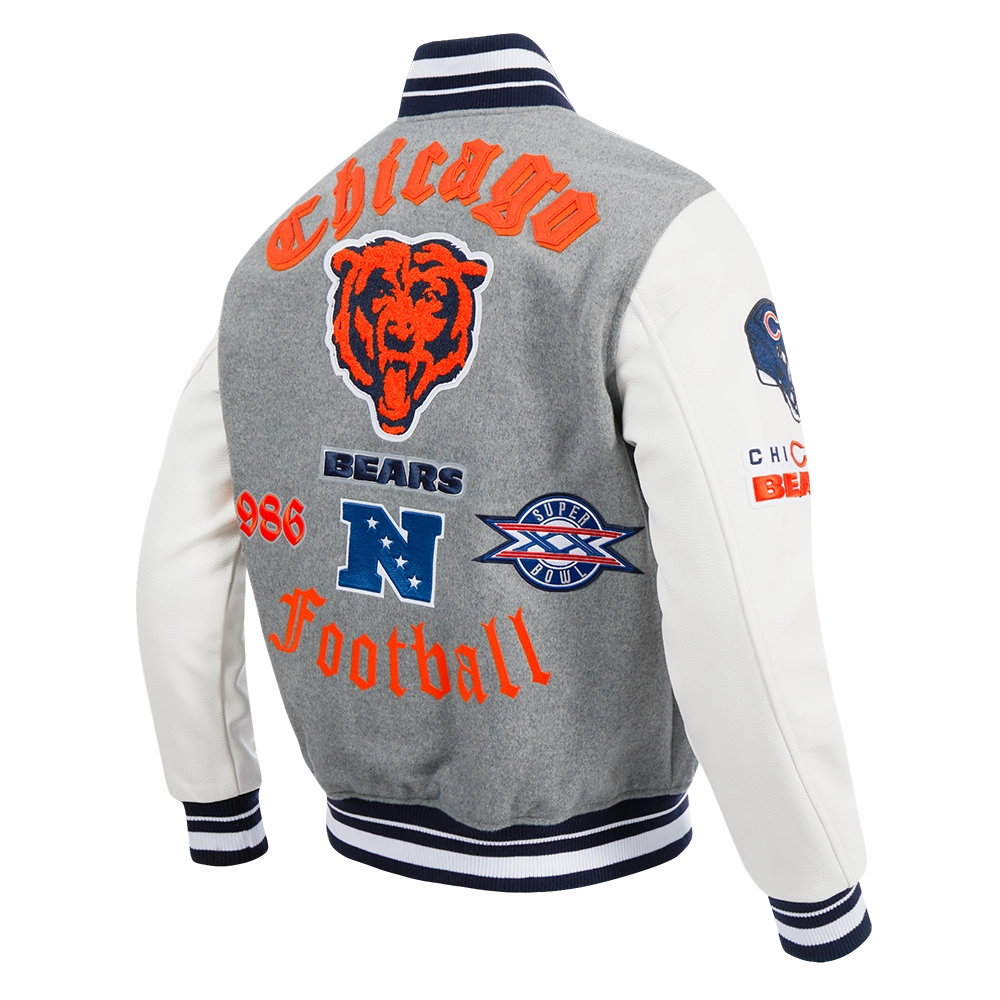 NFL CHICAGO BEARS OLD ENGLISH MEN'S RIB WOOL VARSITY JACKET (HEATHER GREY/WHITE/MIDNIGHT NAVY)