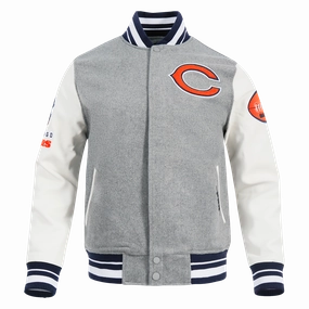 NFL CHICAGO BEARS OLD ENGLISH MEN'S RIB WOOL VARSITY JACKET (HEATHER GREY/WHITE/MIDNIGHT NAVY)