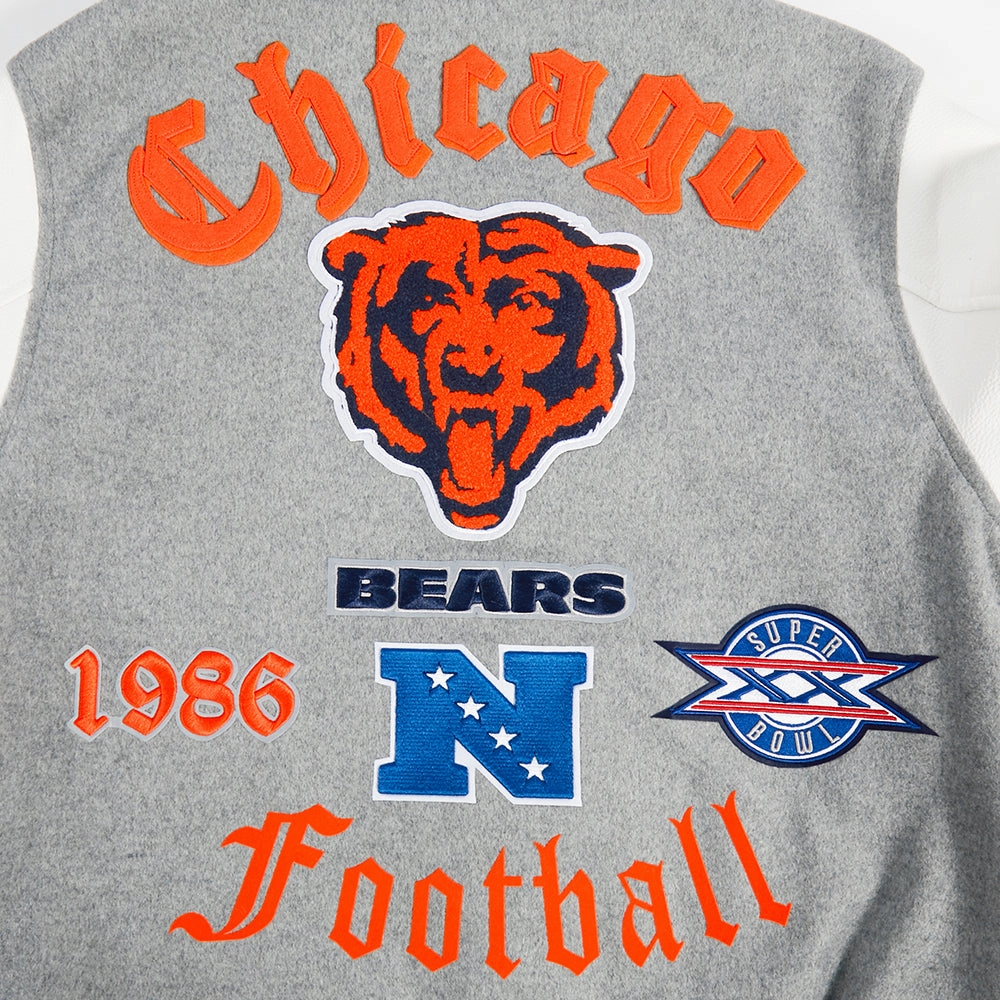 NFL CHICAGO BEARS OLD ENGLISH MEN'S RIB WOOL VARSITY JACKET (HEATHER GREY/WHITE/MIDNIGHT NAVY)