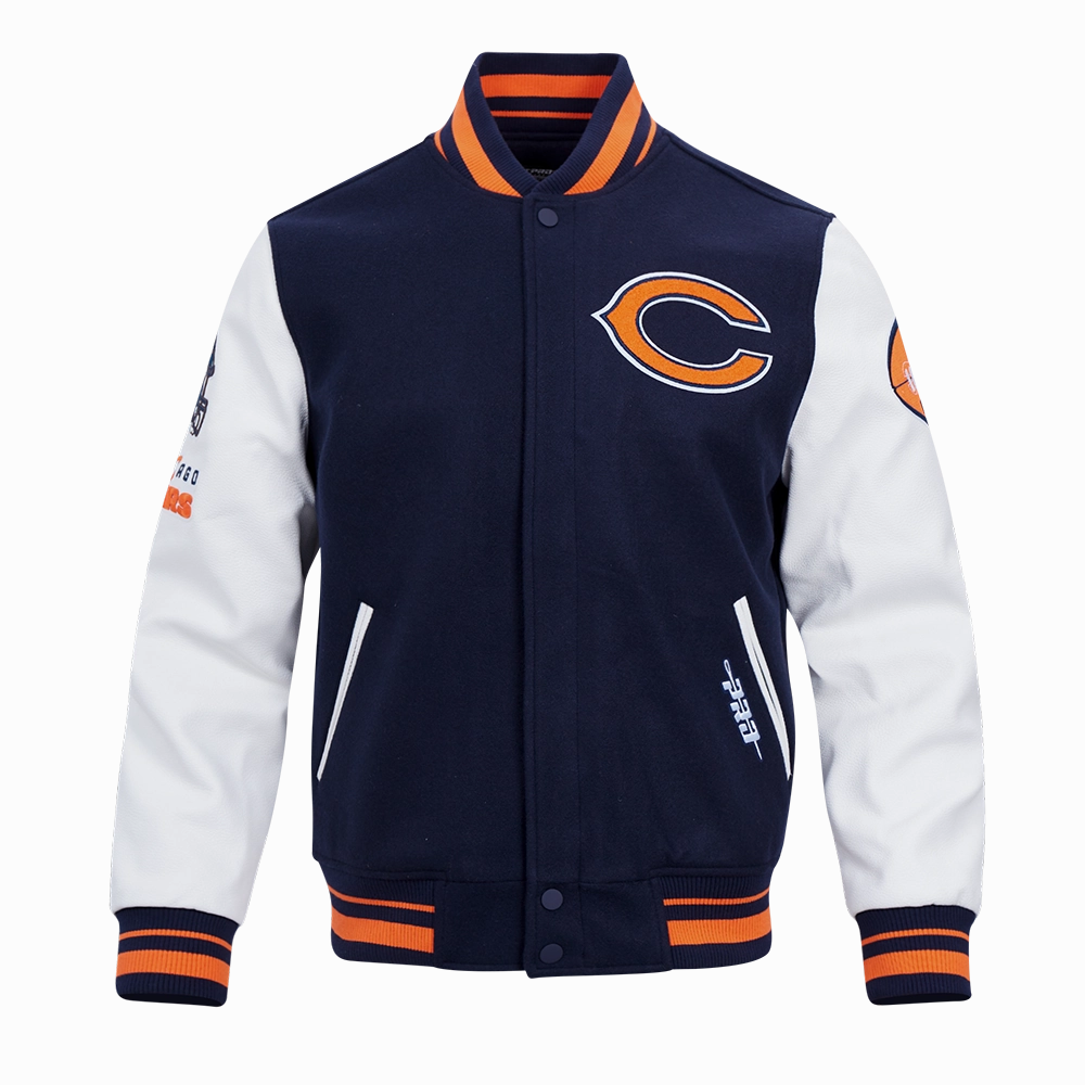 NFL CHICAGO BEARS OLD ENGLISH MEN'S RIB WOOL VARSITY JACKET (MIDNIGHT NAVY/ORANGE/MIDNIGHT NAVY)