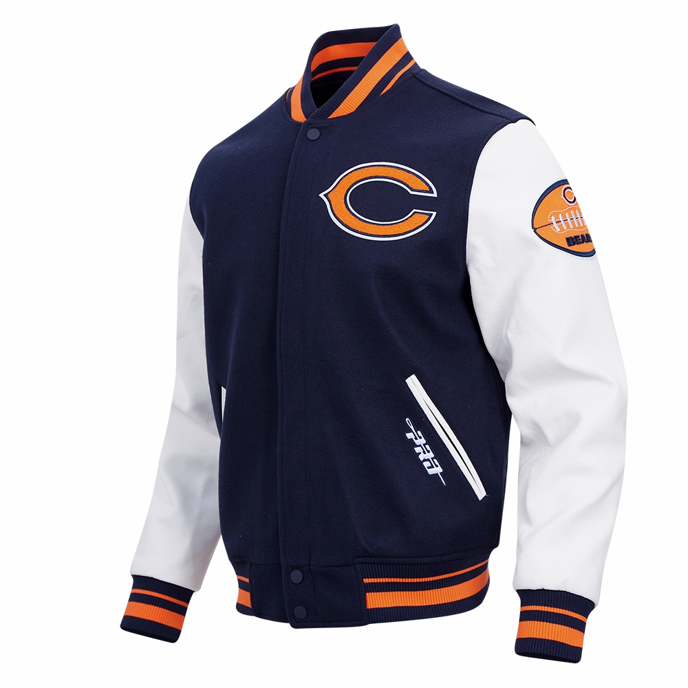 NFL CHICAGO BEARS OLD ENGLISH MEN'S RIB WOOL VARSITY JACKET (MIDNIGHT NAVY/ORANGE/MIDNIGHT NAVY)