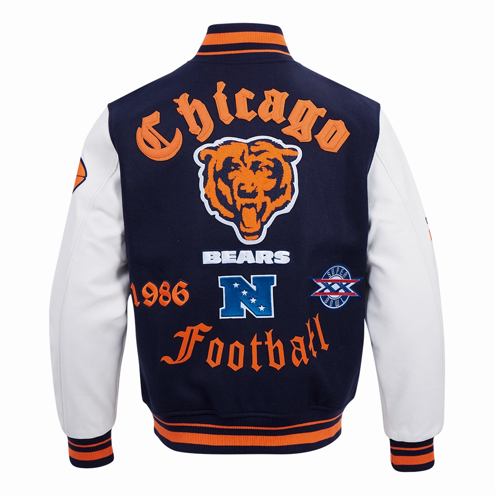 NFL CHICAGO BEARS OLD ENGLISH MEN'S RIB WOOL VARSITY JACKET (MIDNIGHT NAVY/ORANGE/MIDNIGHT NAVY)