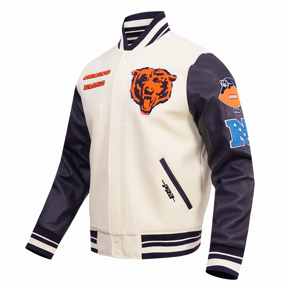 NFL CHICAGO BEARS RETRO CLASSIC MEN'S RIB WOOL VARSITY JACKET (EGGSHELL/MIDNIGHT NAVY)
