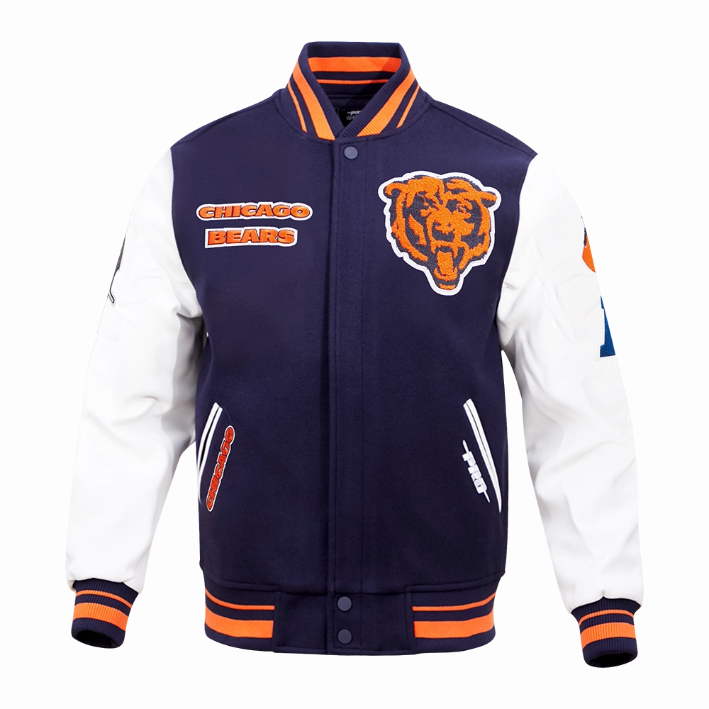 NFL CHICAGO BEARS RETRO CLASSIC MEN'S RIB WOOL VARSITY JACKET (MIDNIGHT NAVY/ORANGE/MIDNIGHT NAVY)